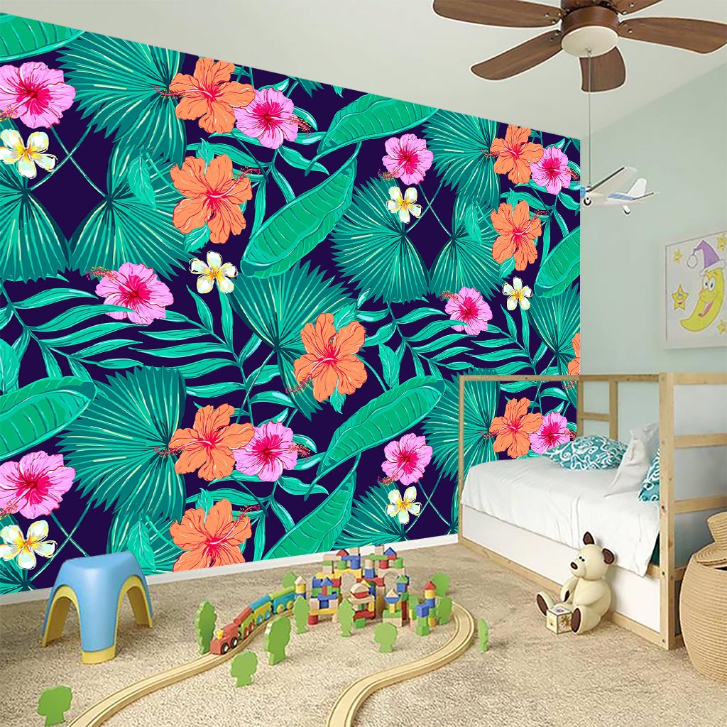 Teal Hawaiian Leaf Flower Pattern Print Wall Sticker