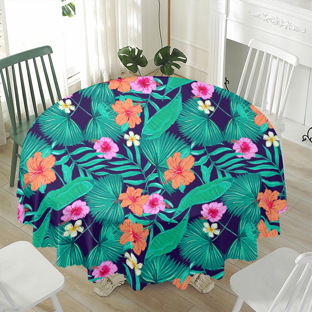 Teal Hawaiian Leaf Flower Pattern Print Waterproof Round Tablecloth