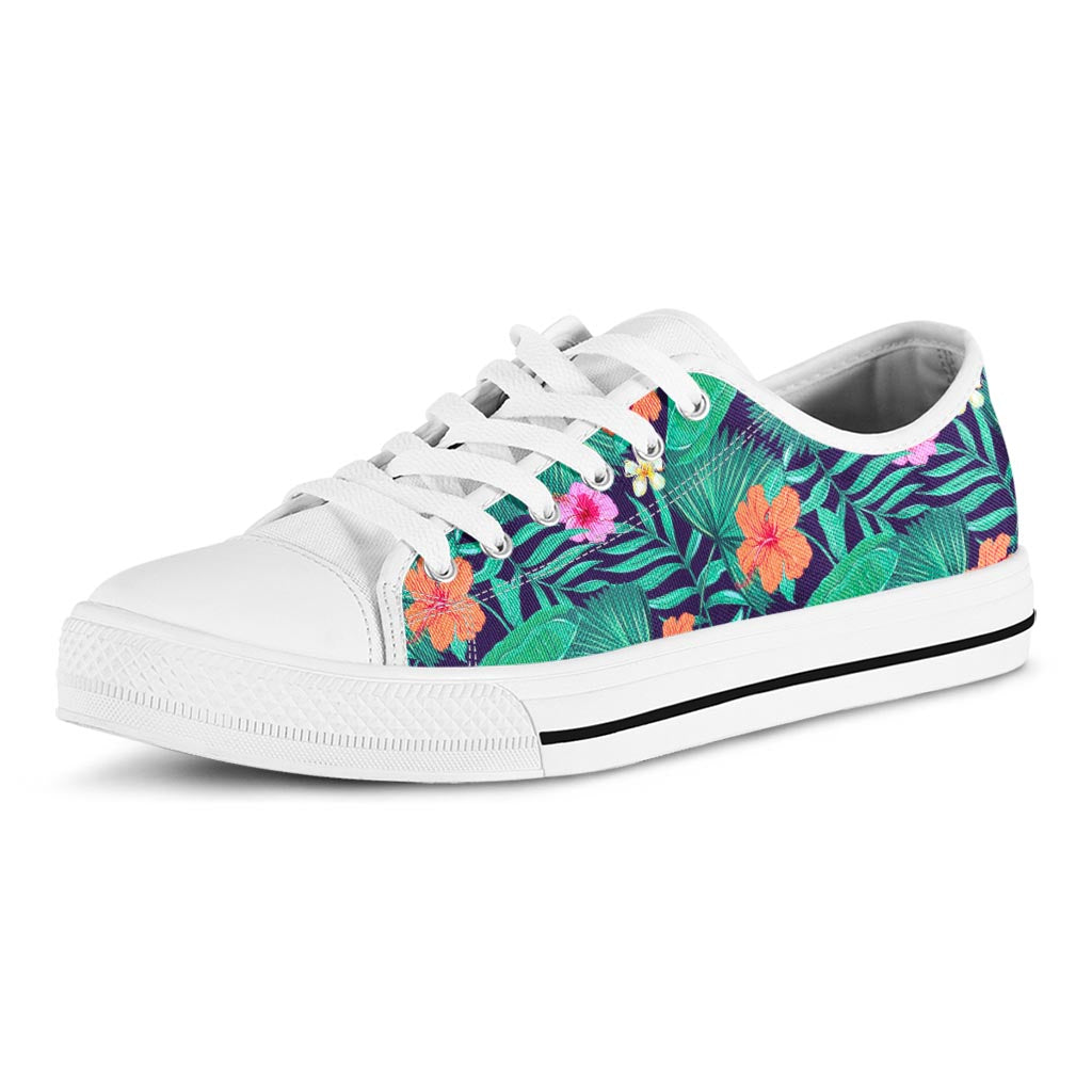 Teal Hawaiian Leaf Flower Pattern Print White Low Top Sneakers