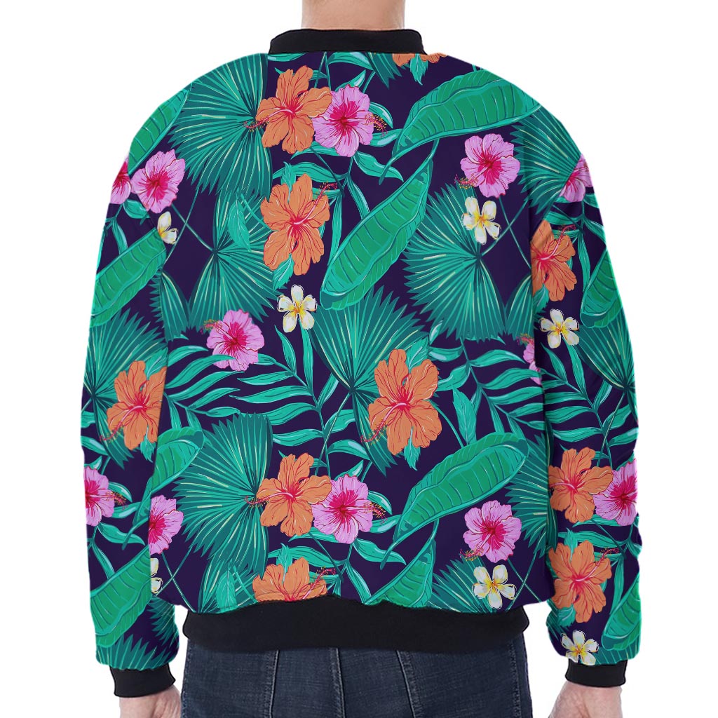 Teal Hawaiian Leaf Flower Pattern Print Zip Sleeve Bomber Jacket
