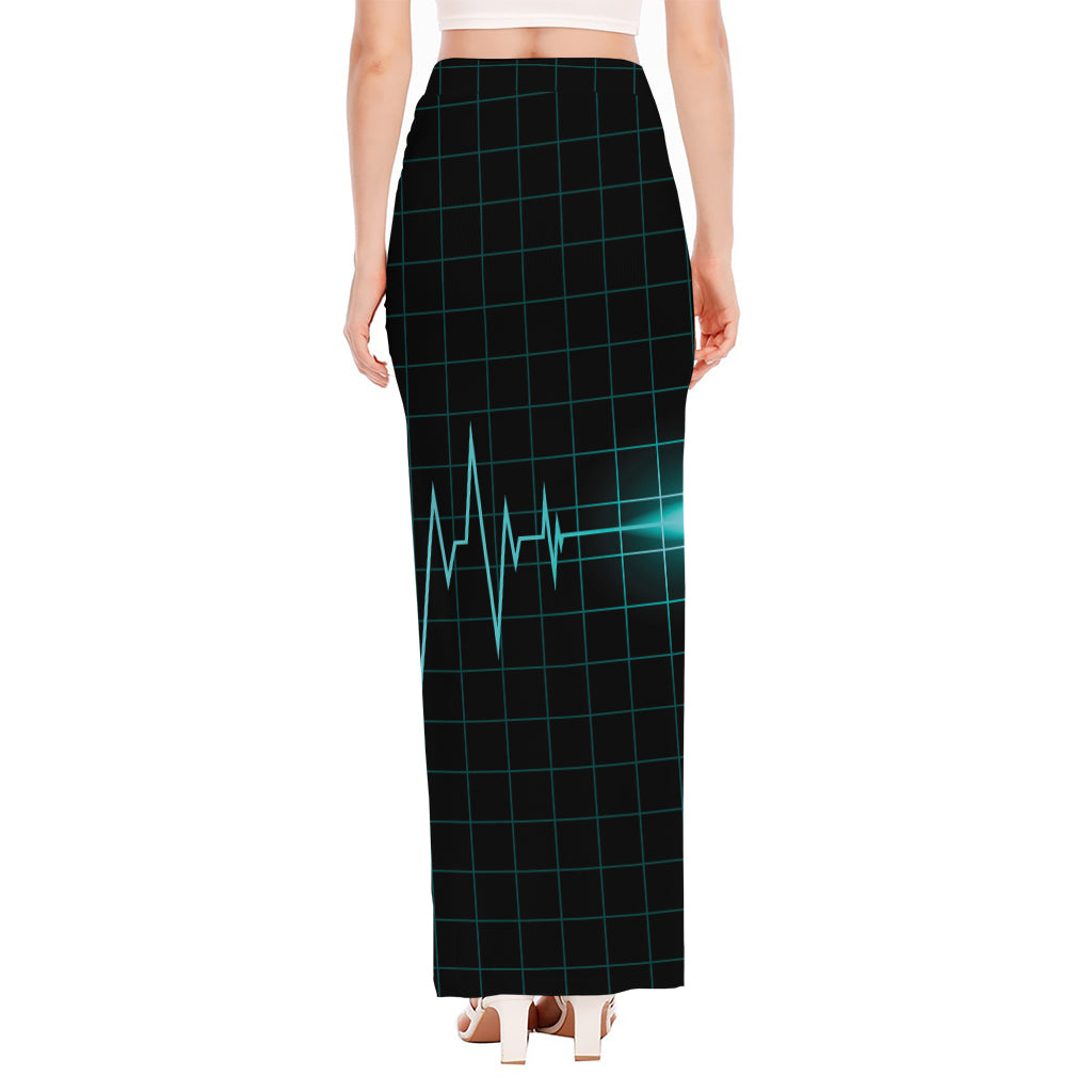 Teal Heartbeat Print High Slit Maxi Skirt