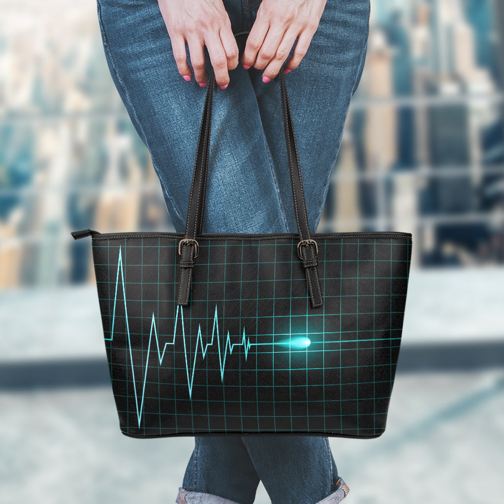 Teal Heartbeat Print Leather Tote Bag