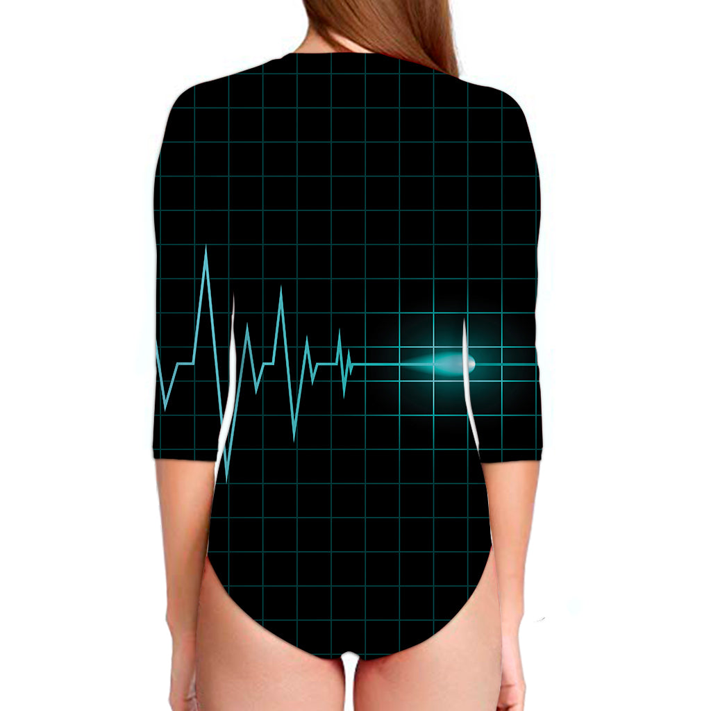 Teal Heartbeat Print Long Sleeve Swimsuit