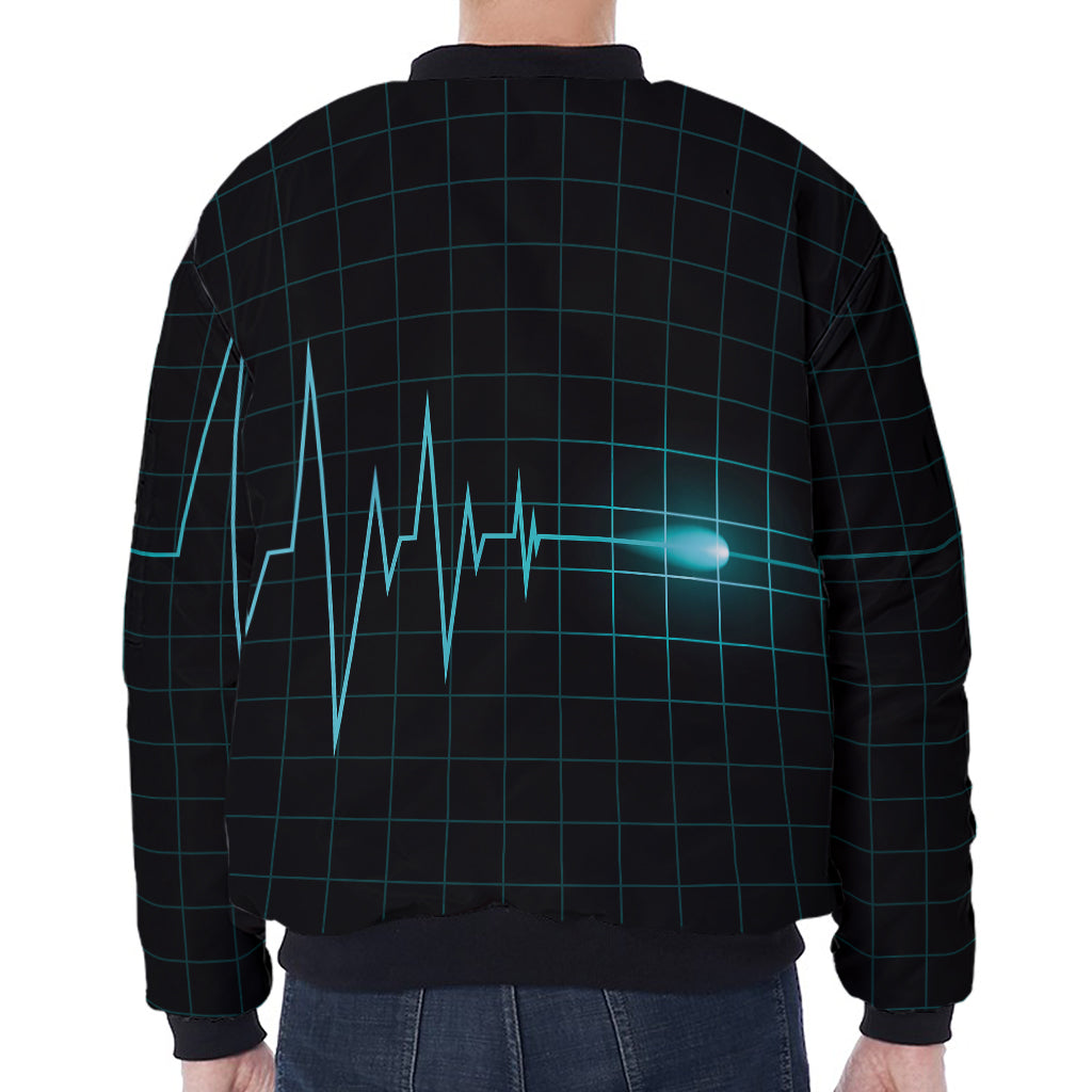 Teal Heartbeat Print Zip Sleeve Bomber Jacket