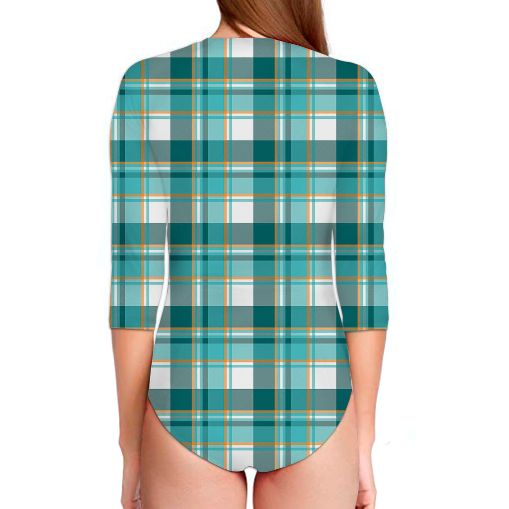 Teal Madras Pattern Print Long Sleeve Swimsuit