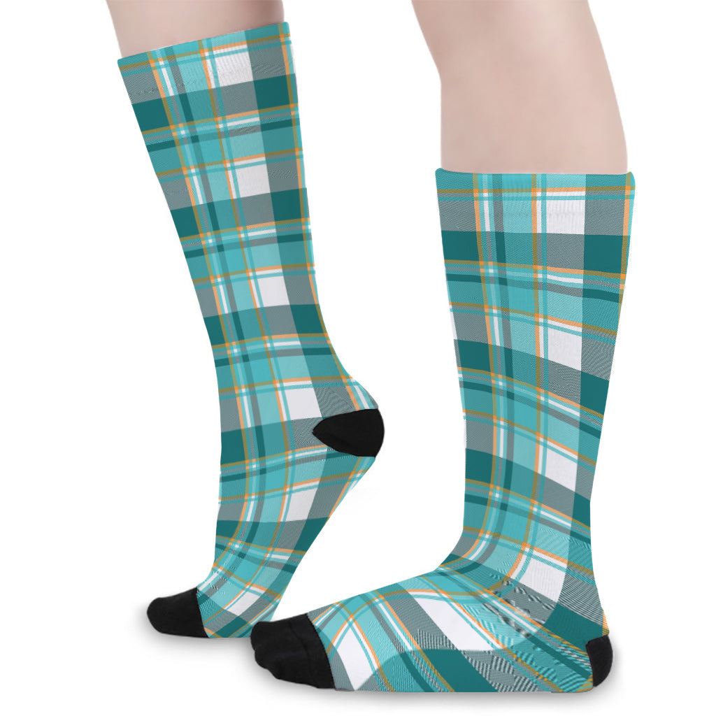 Teal Madras Pattern Print Long Socks