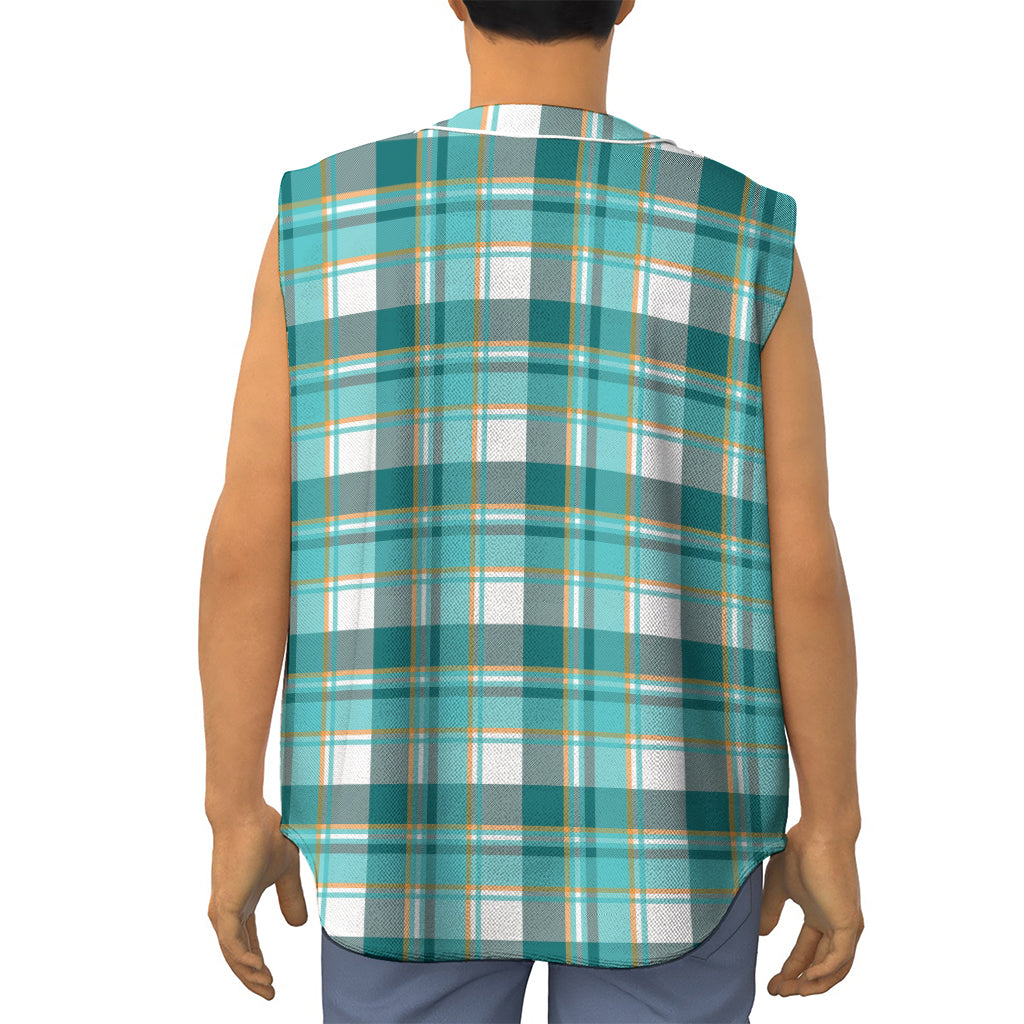 Teal Madras Pattern Print Sleeveless Baseball Jersey