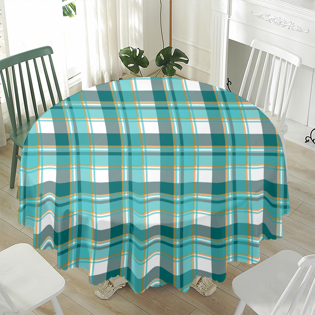 Teal Madras Pattern Print Waterproof Round Tablecloth