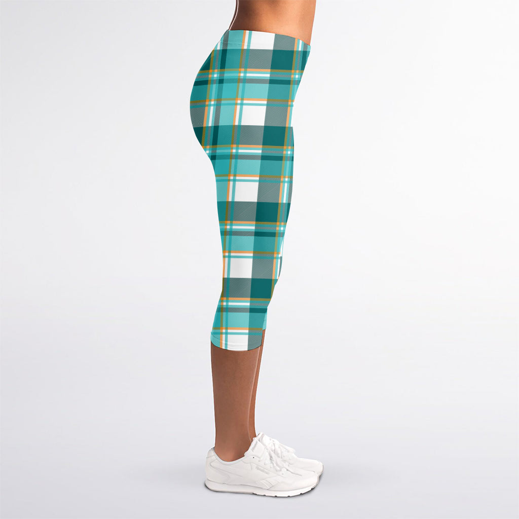 Teal Madras Pattern Print Women's Capri Leggings