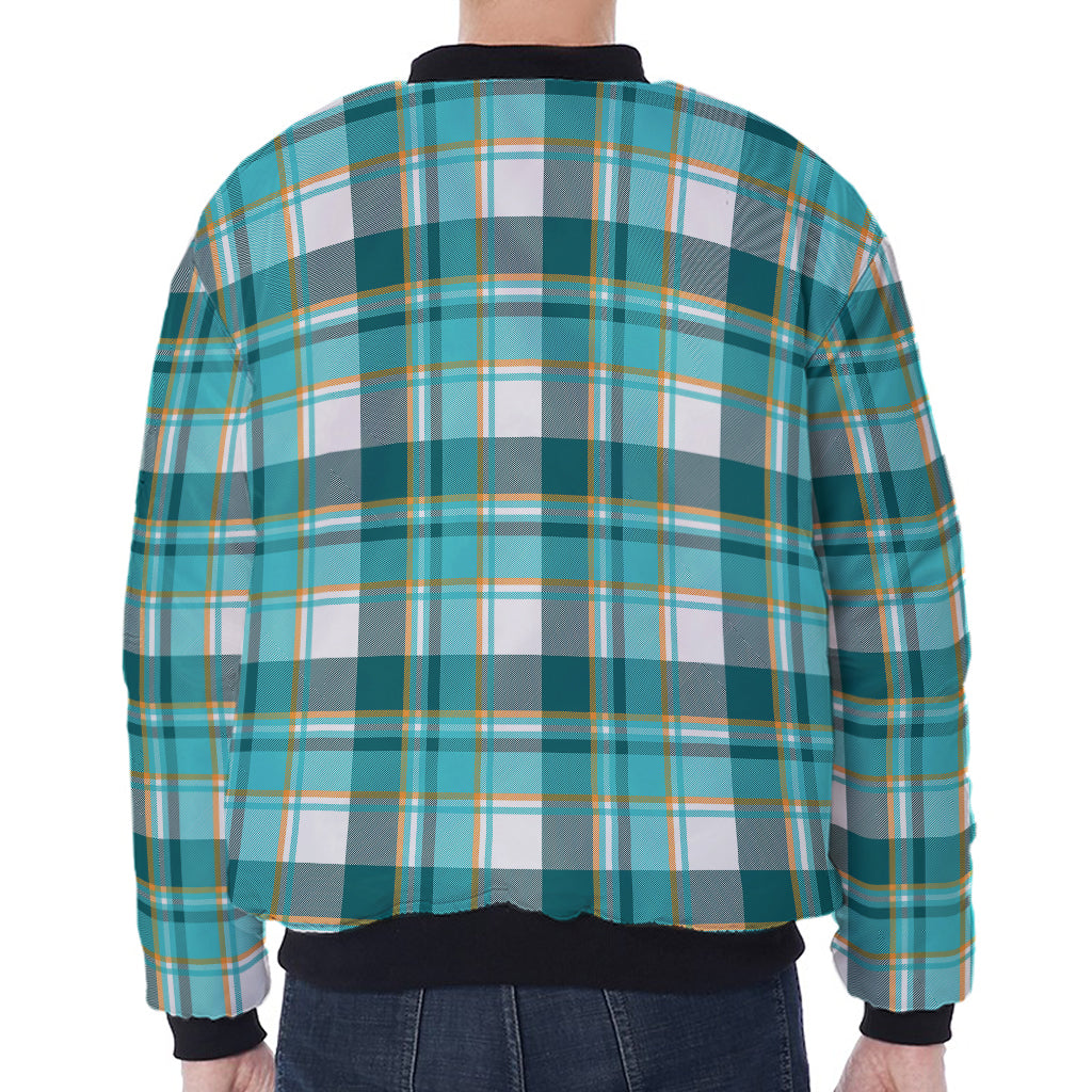Teal Madras Pattern Print Zip Sleeve Bomber Jacket