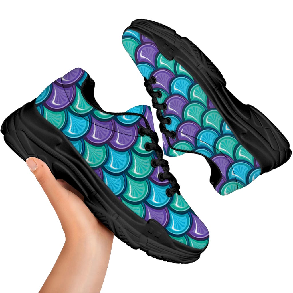 Teal Mermaid Scales Pattern Print Black Chunky Shoes
