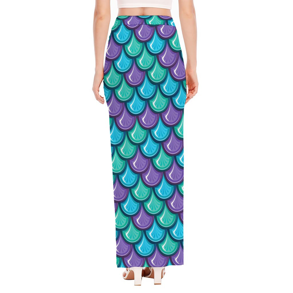 Teal Mermaid Scales Pattern Print High Slit Maxi Skirt