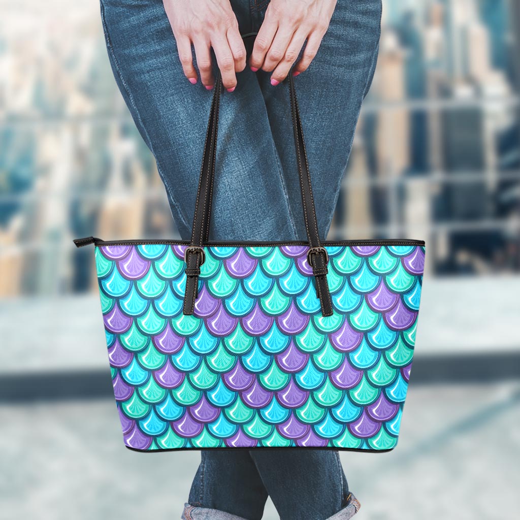 Teal Mermaid Scales Pattern Print Leather Tote Bag