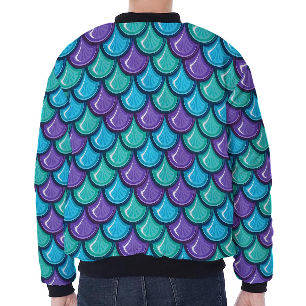 Teal Mermaid Scales Pattern Print Zip Sleeve Bomber Jacket