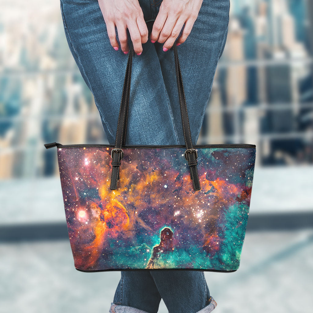 Teal Orange Universe Galaxy Space Print Leather Tote Bag