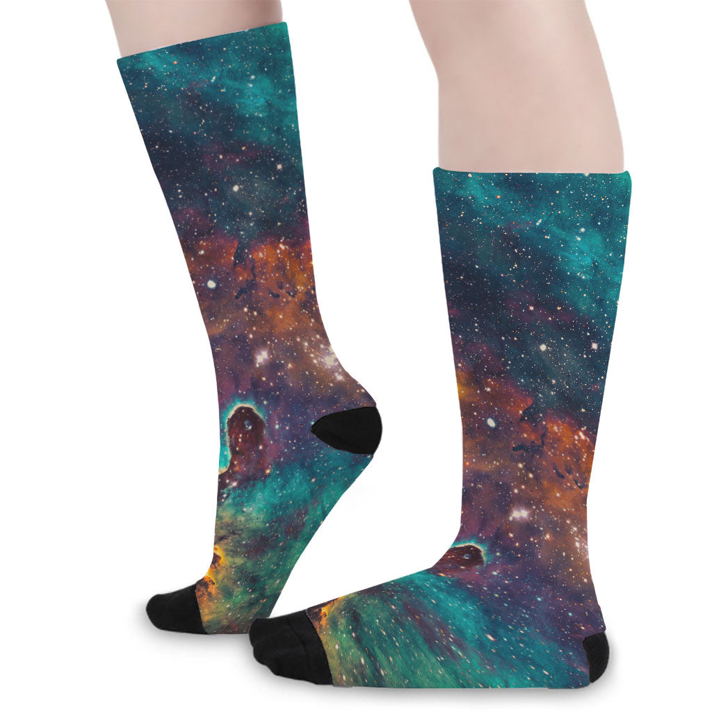 Teal Orange Universe Galaxy Space Print Long Socks