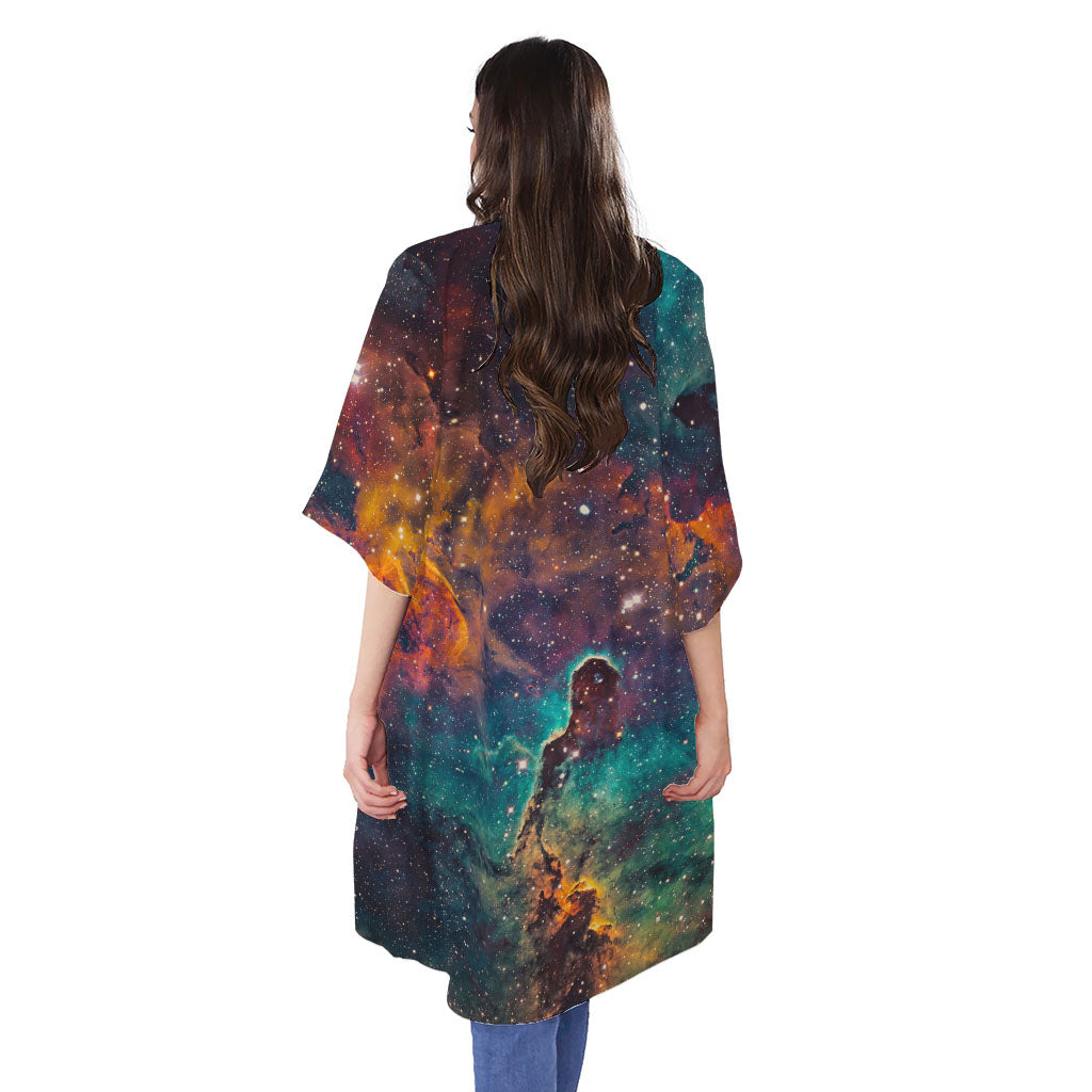 Teal Orange Universe Galaxy Space Print Open Front Beach Cover Up