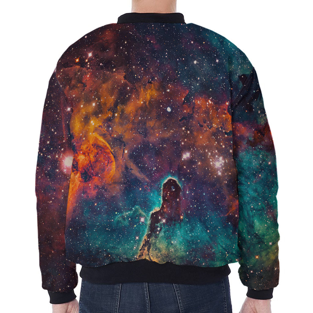 Teal Orange Universe Galaxy Space Print Zip Sleeve Bomber Jacket