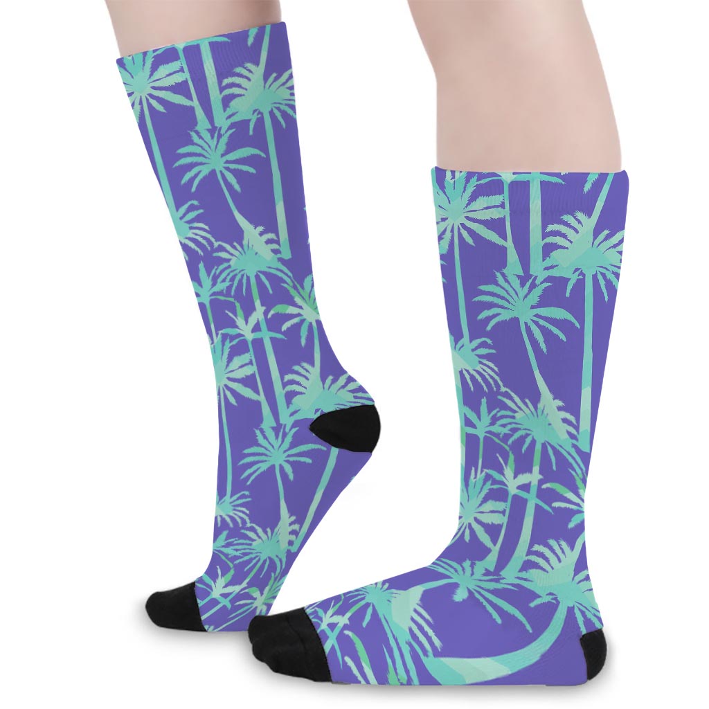 Teal Palm Tree Pattern Print Long Socks