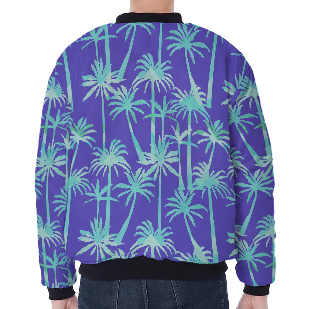 Teal Palm Tree Pattern Print Zip Sleeve Bomber Jacket