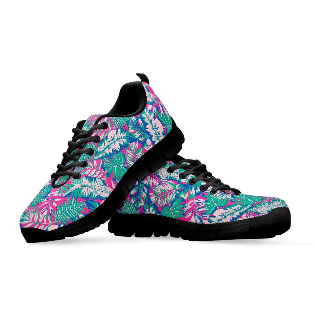 Teal Pink Blossom Tropical Pattern Print Black Running Shoes