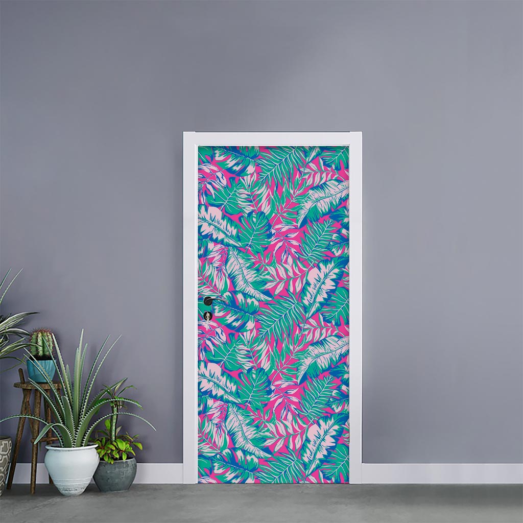 Teal Pink Blossom Tropical Pattern Print Door Sticker