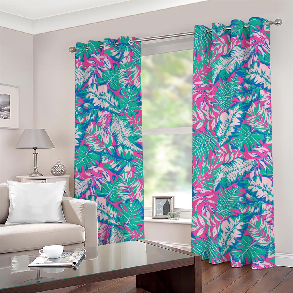 Teal Pink Blossom Tropical Pattern Print Grommet Curtains