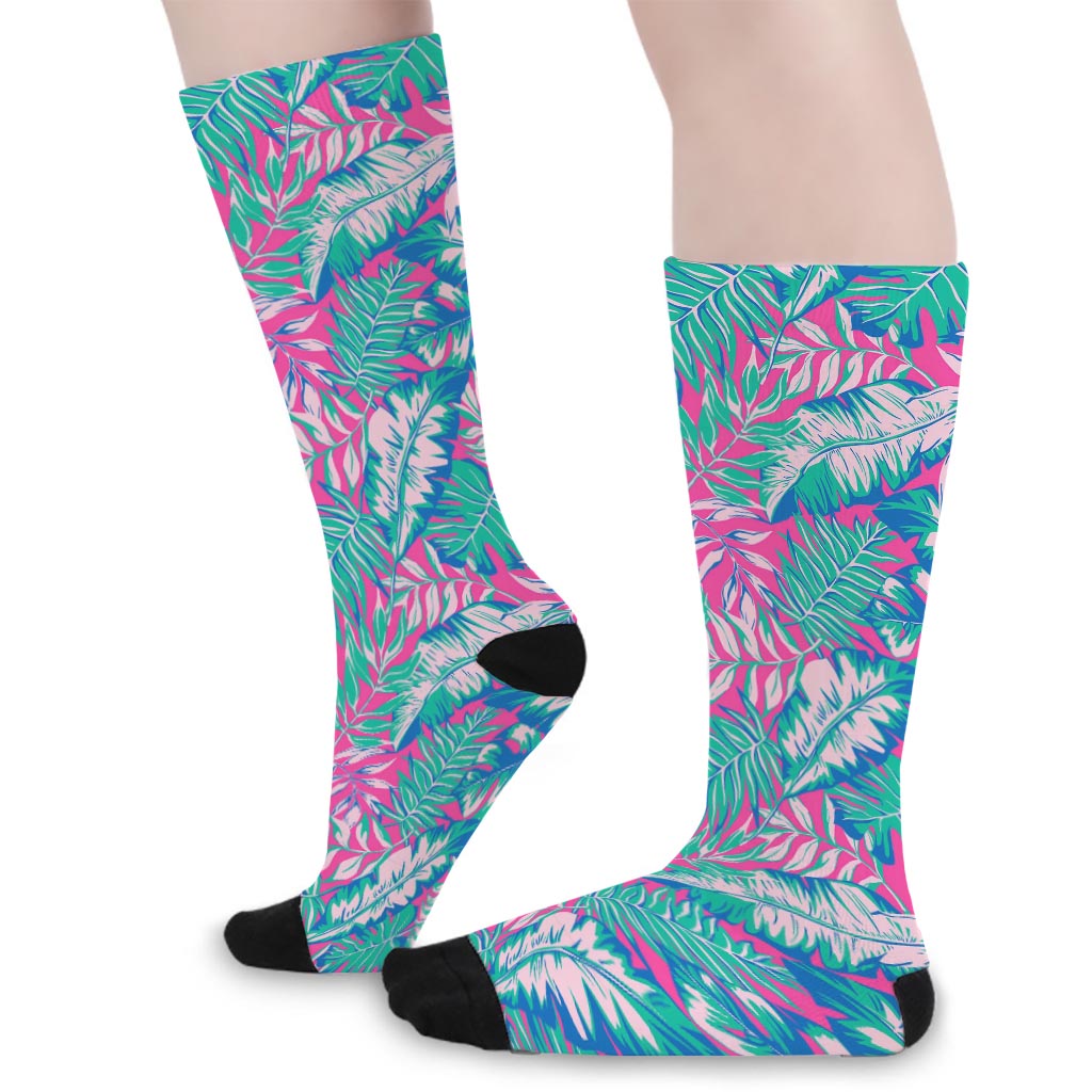Teal Pink Blossom Tropical Pattern Print Long Socks
