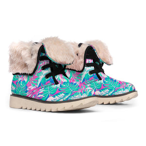 Teal Pink Blossom Tropical Pattern Print Winter Boots