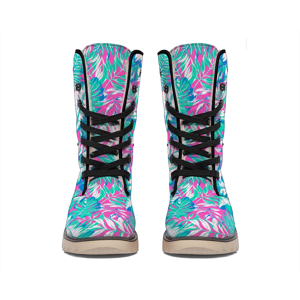 Teal Pink Blossom Tropical Pattern Print Winter Boots