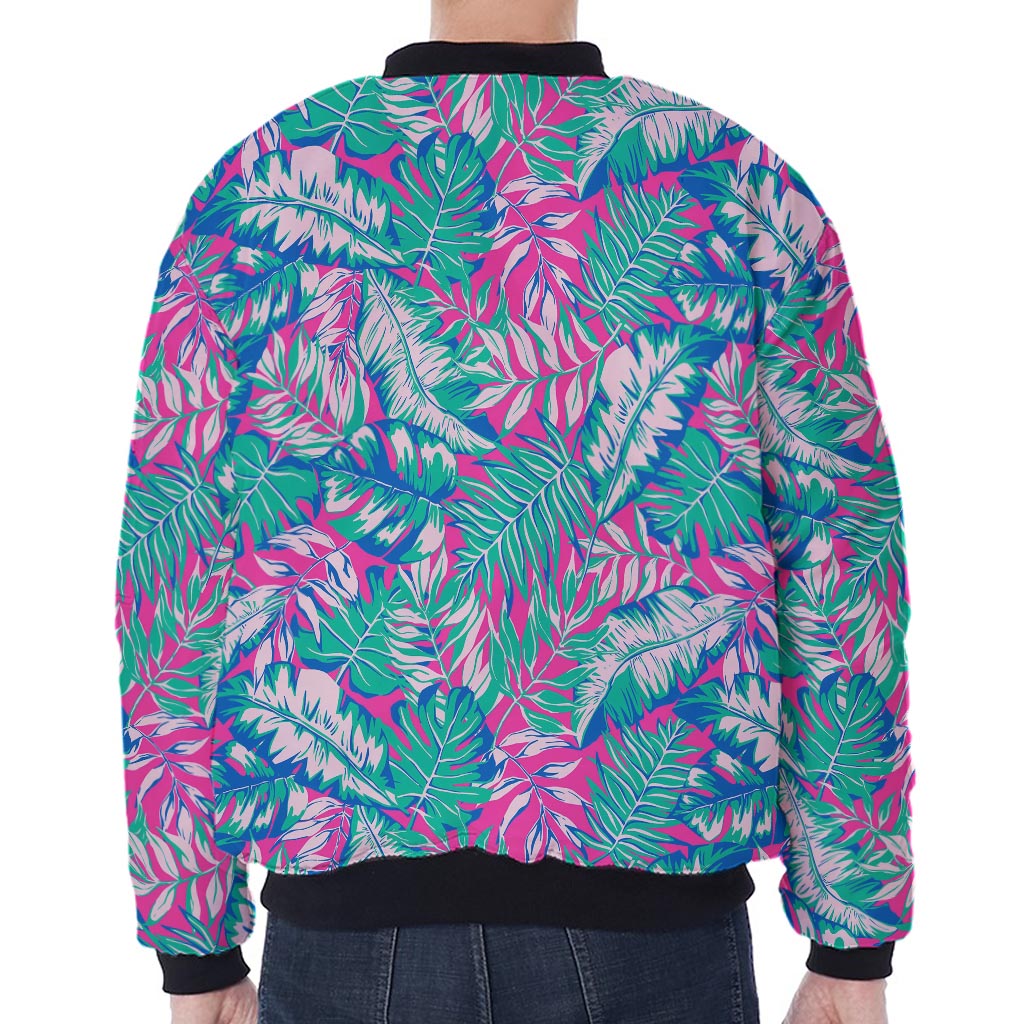 Teal Pink Blossom Tropical Pattern Print Zip Sleeve Bomber Jacket