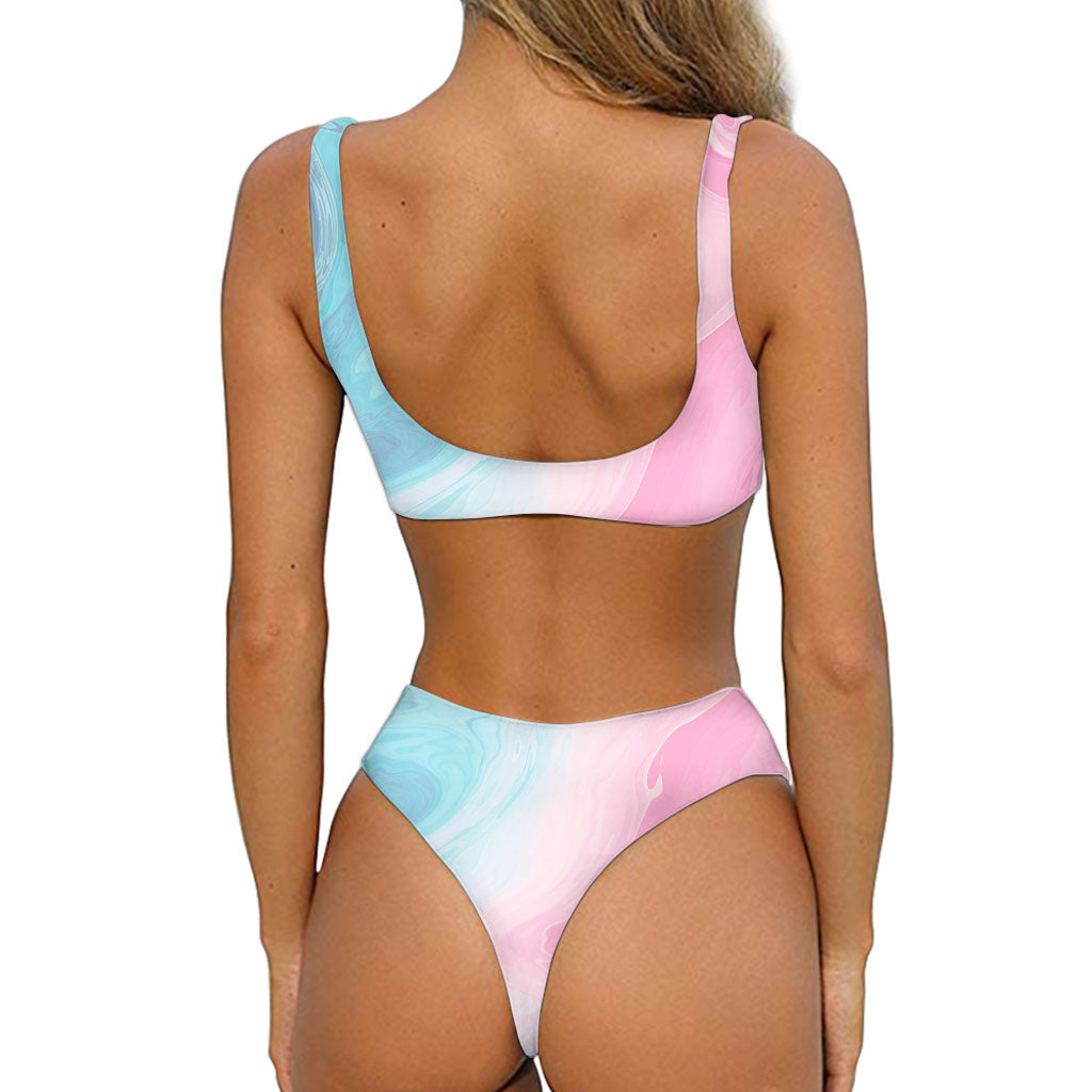 Teal Pink Liquid Marble Print Front Bow Tie Bikini