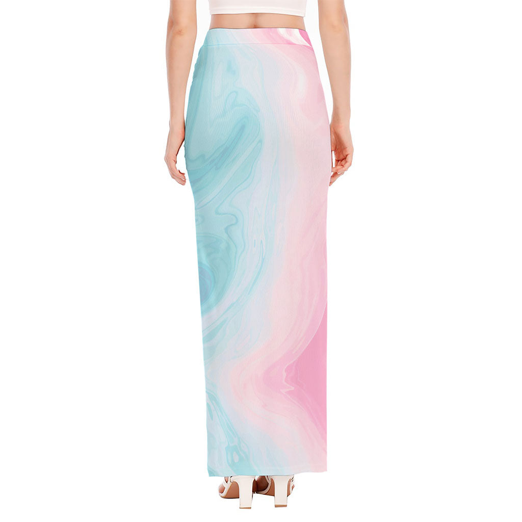 Teal Pink Liquid Marble Print High Slit Maxi Skirt