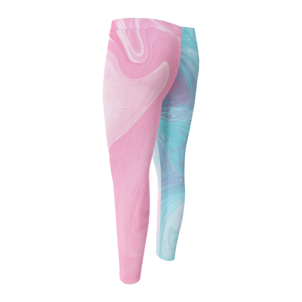 Teal Pink Liquid Marble Print Men's Compression Pants