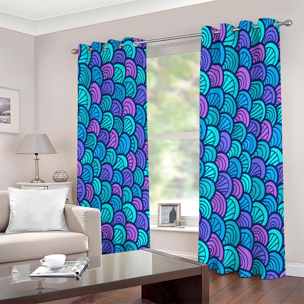 Teal Pink Mermaid Scales Pattern Print Extra Wide Grommet Curtains