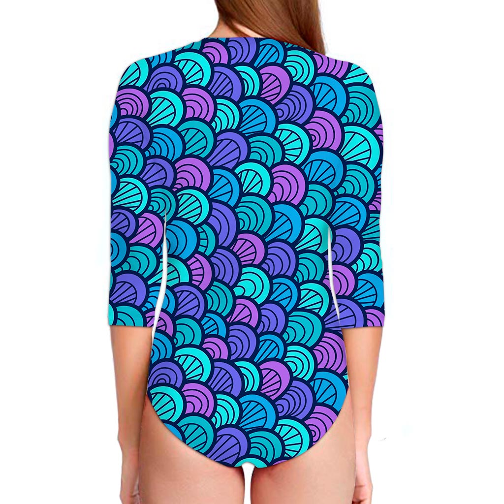 Teal Pink Mermaid Scales Pattern Print Long Sleeve Swimsuit
