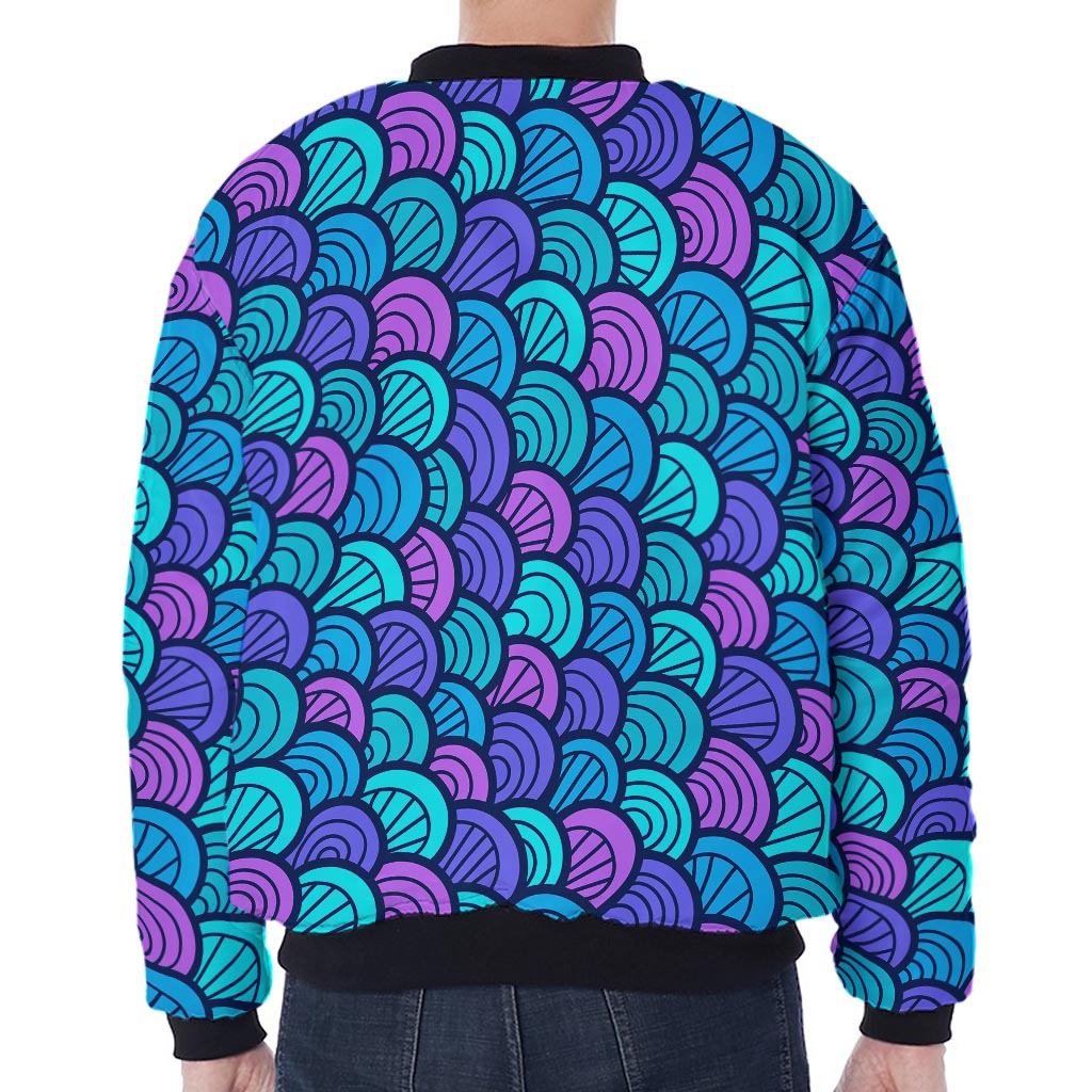 Teal Pink Mermaid Scales Pattern Print Zip Sleeve Bomber Jacket