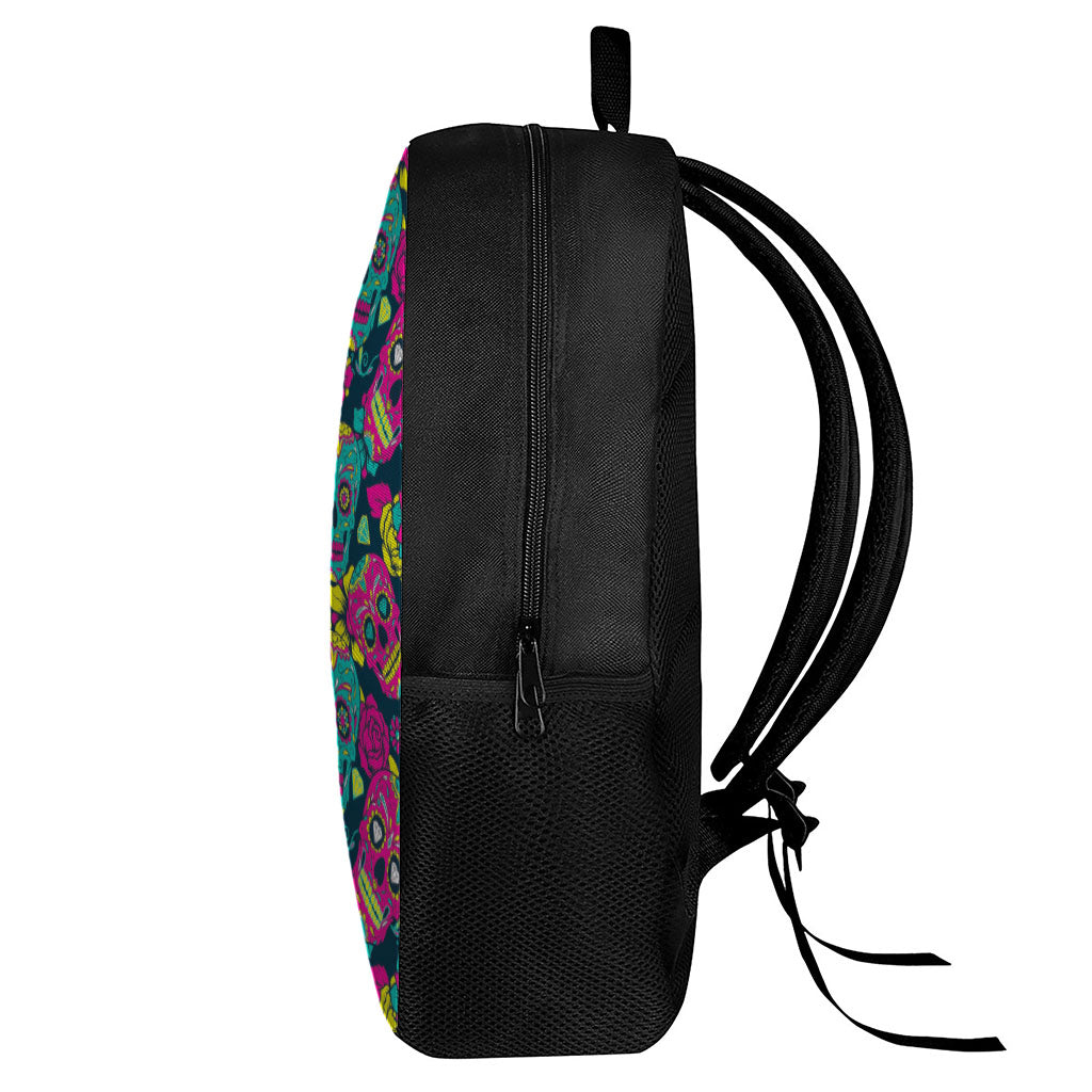 Teal Pink Sugar Skull Pattern Print 17 Inch Backpack