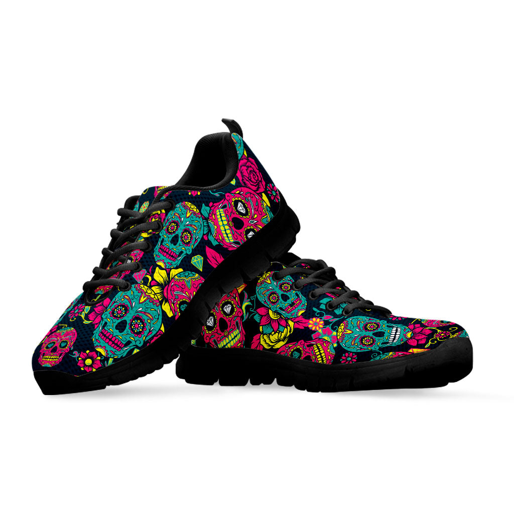 Teal Pink Sugar Skull Pattern Print Black Running Shoes