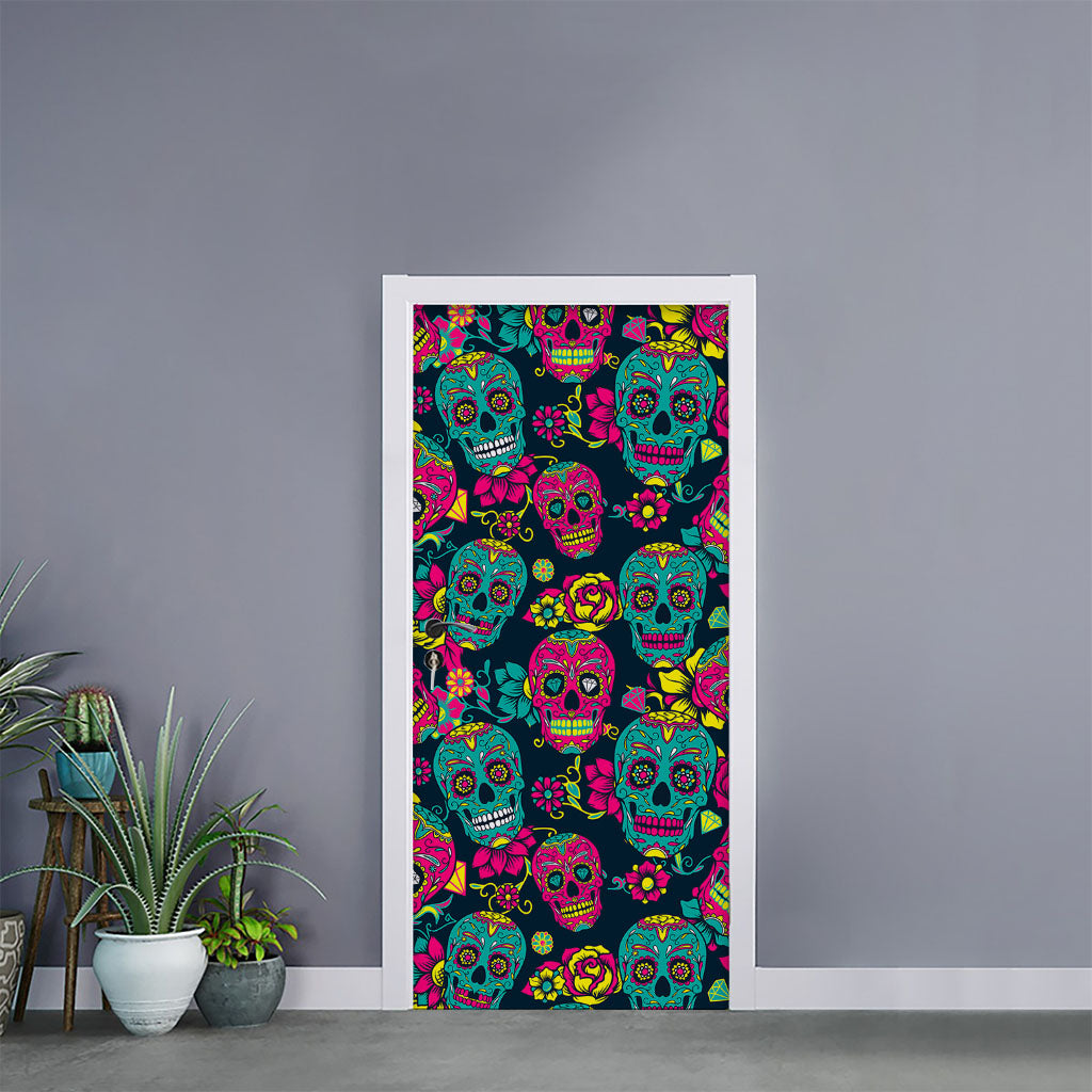 Teal Pink Sugar Skull Pattern Print Door Sticker