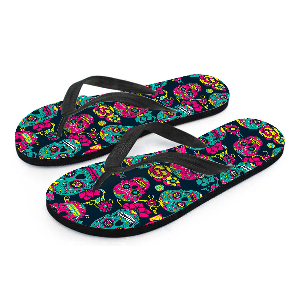 Teal Pink Sugar Skull Pattern Print Flip Flops