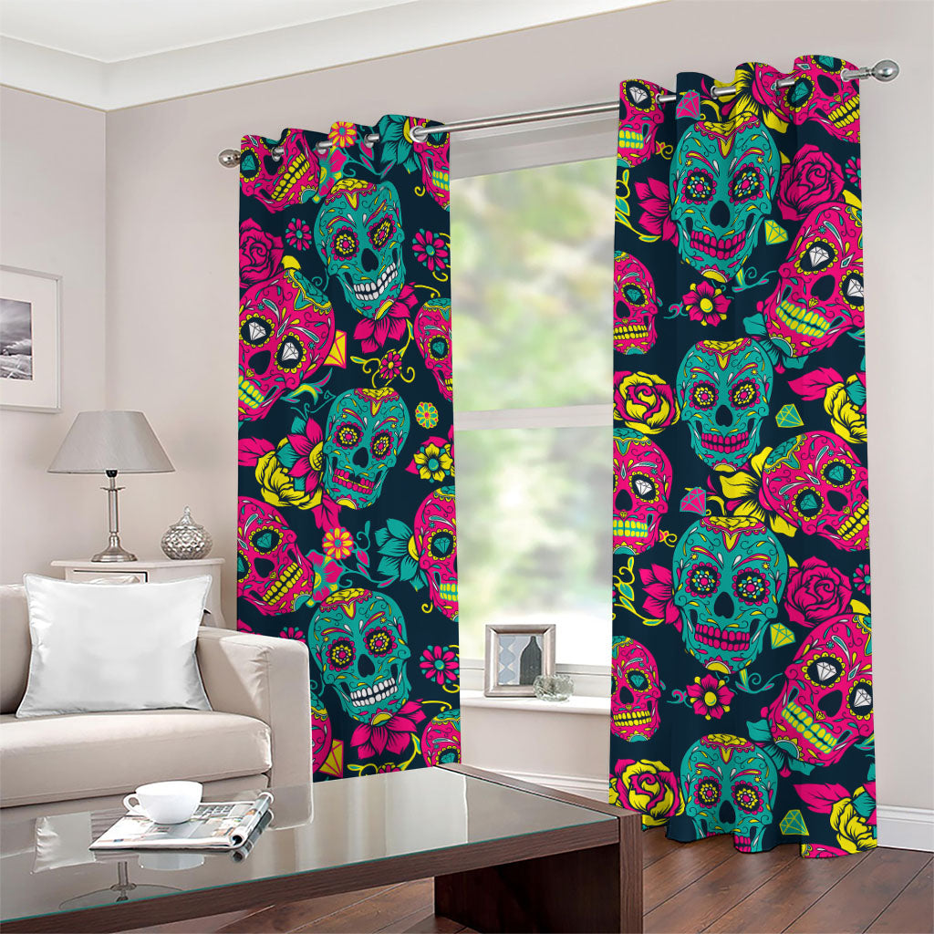 Teal Pink Sugar Skull Pattern Print Grommet Curtains