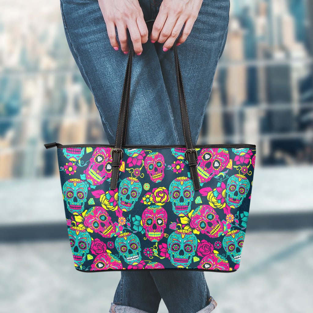 Teal Pink Sugar Skull Pattern Print Leather Tote Bag