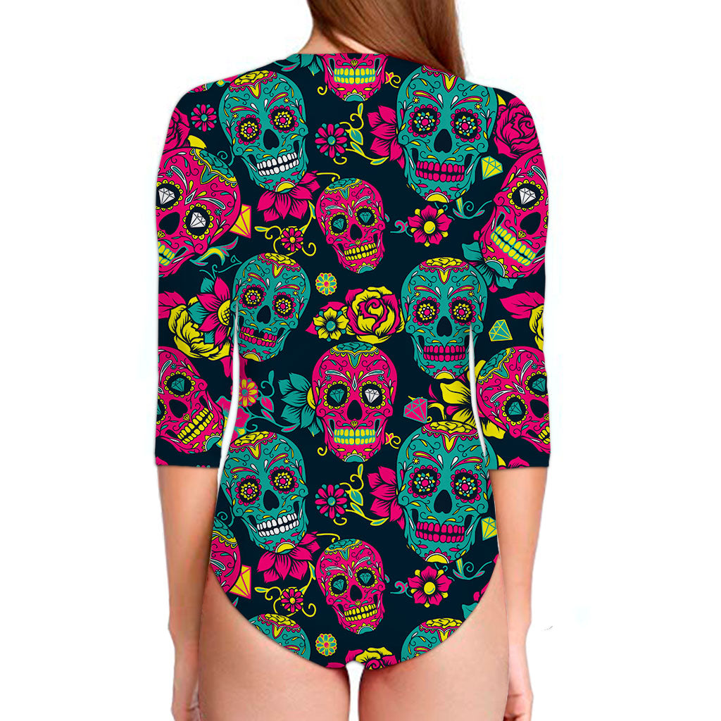 Teal Pink Sugar Skull Pattern Print Long Sleeve Swimsuit