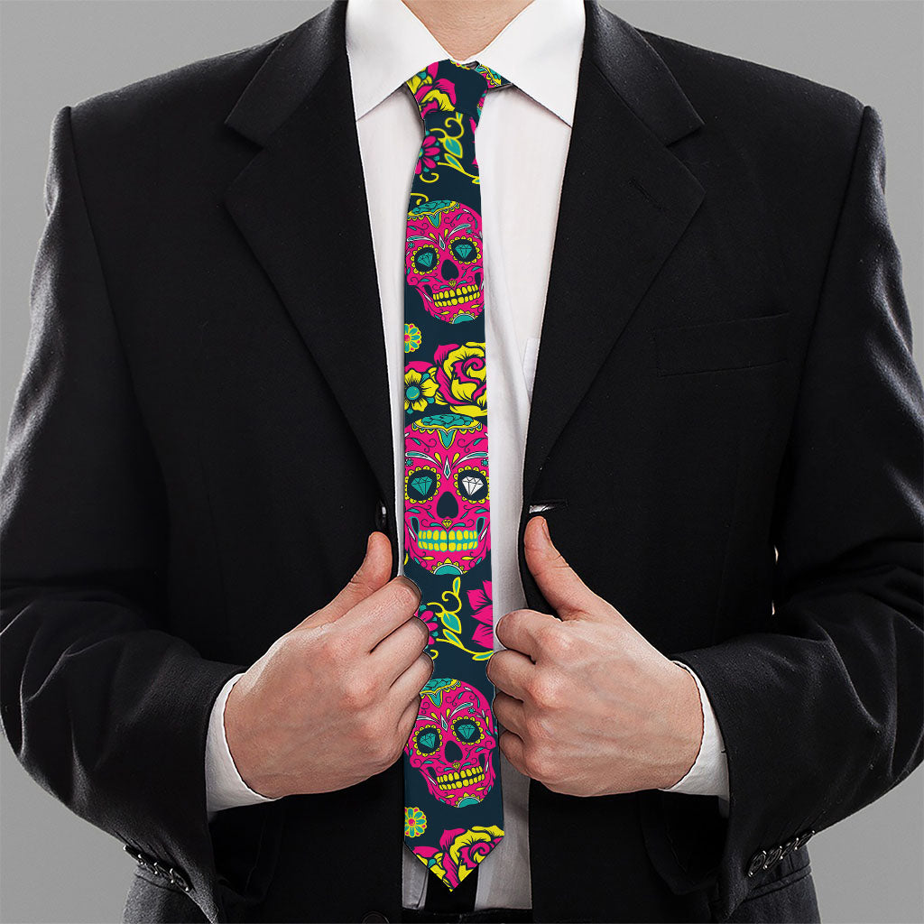 Teal Pink Sugar Skull Pattern Print Necktie