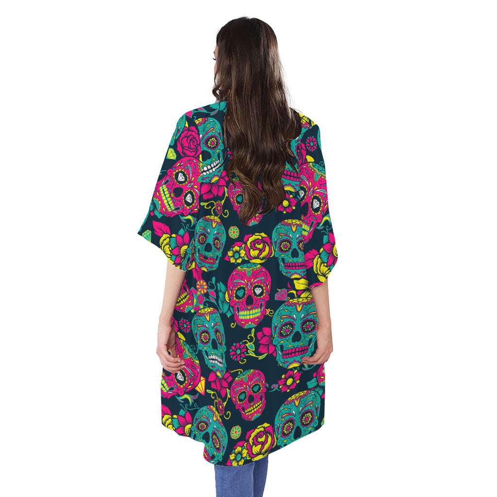 Teal Pink Sugar Skull Pattern Print Open Front Beach Cover Up