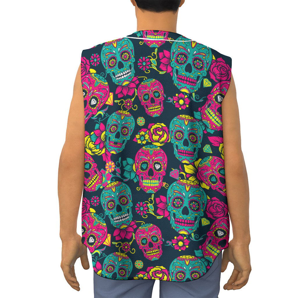 Teal Pink Sugar Skull Pattern Print Sleeveless Baseball Jersey