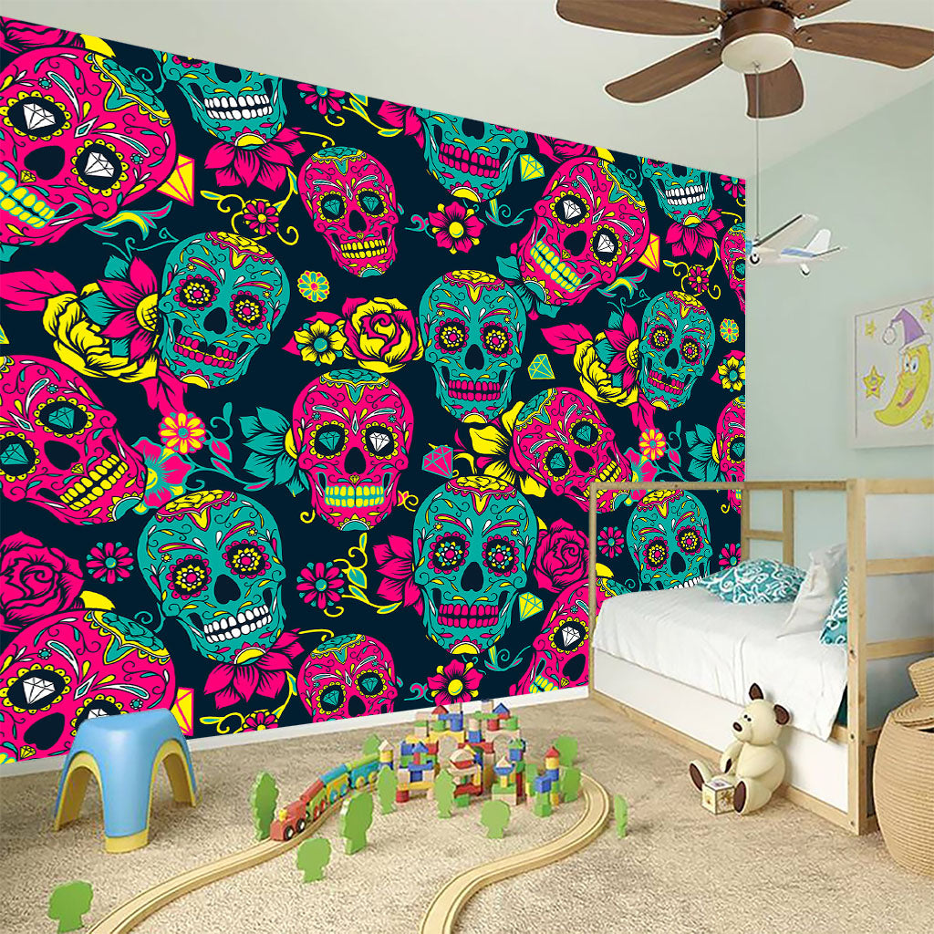 Teal Pink Sugar Skull Pattern Print Wall Sticker