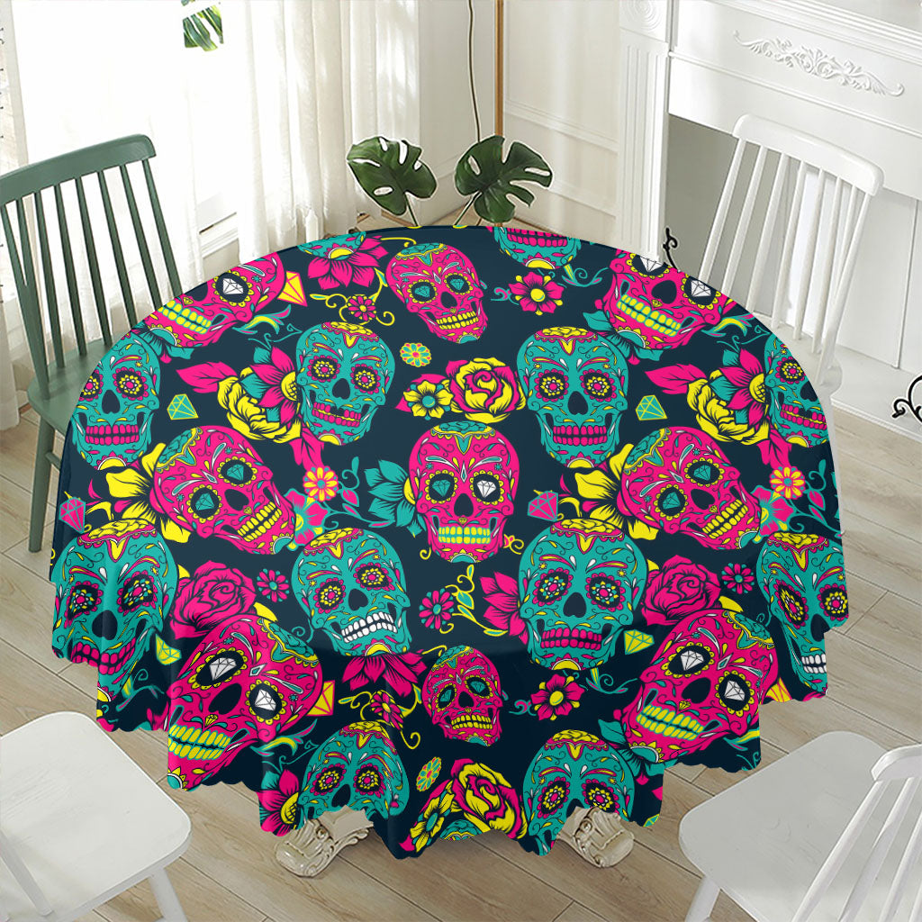 Teal Pink Sugar Skull Pattern Print Waterproof Round Tablecloth