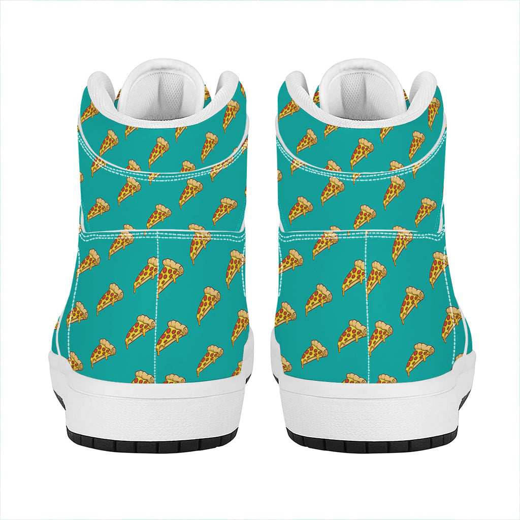 Teal Pizza Pattern Print High Top Leather Sneakers